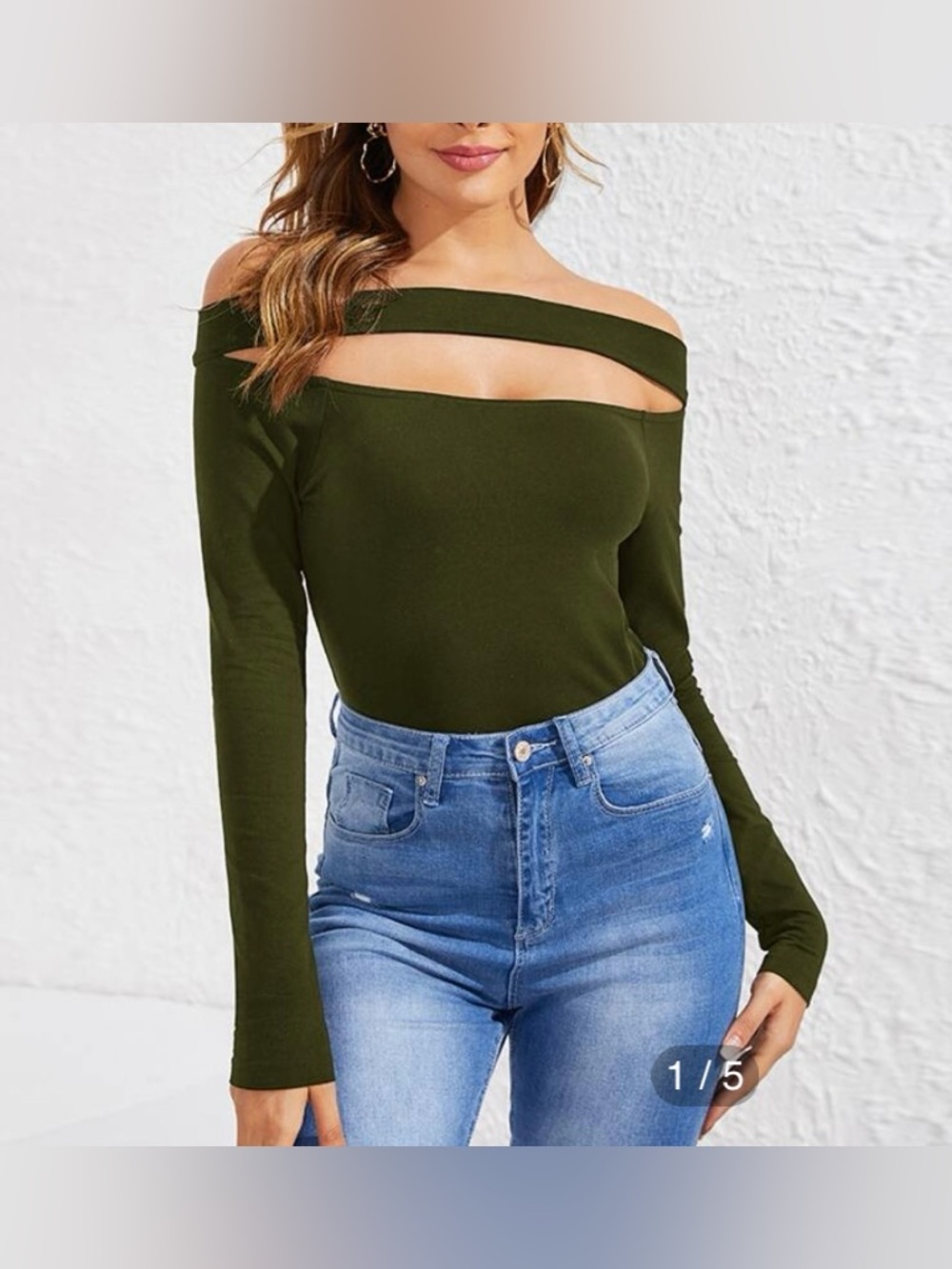NWOT SHEIN Olive Green Off Shoulder Cutout Long Sleeve Top